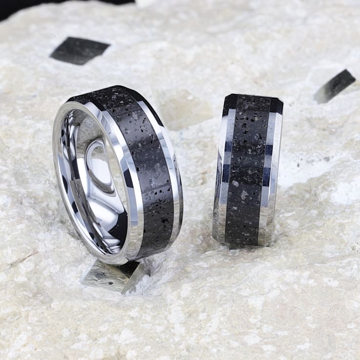 KILAUEA Men’s Polished Tungsten Wedding Band with Lava Rock Stone Inlay
w/Polished Beveled Edges 8mm