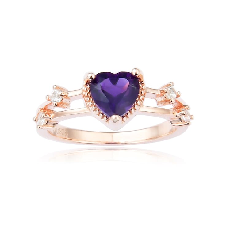 Heart Shape Amethyst with White Sapphire Accents 14K Rose Gold Over
Sterling Silver Split Shank Ring