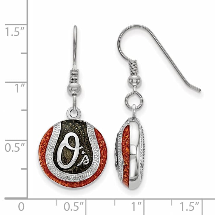 Rhodium Over Sterling Silver MLB LogoArt Baltimore Orioles Enamel Earrings