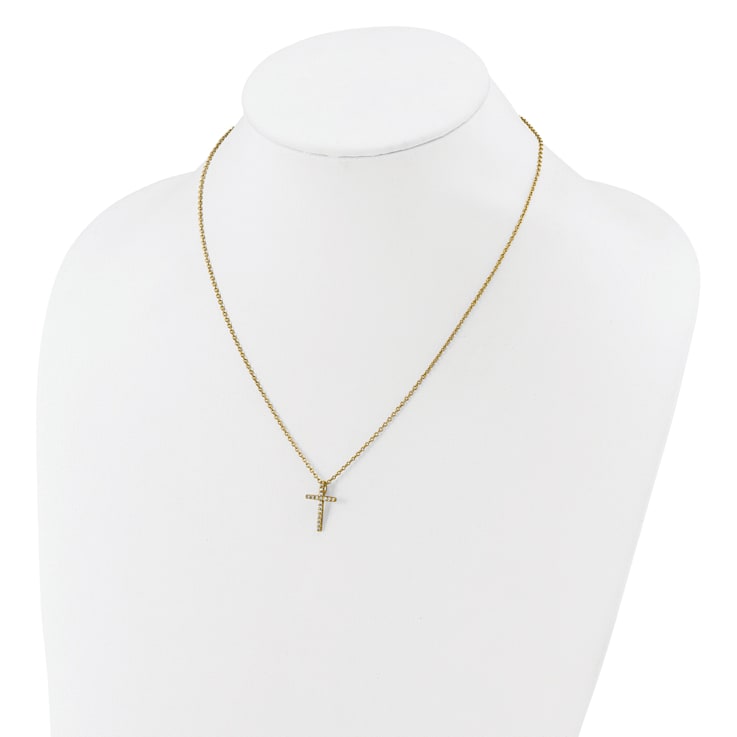 14K Yellow Gold Over Sterling Silver Polished Cubic Zirconia Latin Cross Necklace