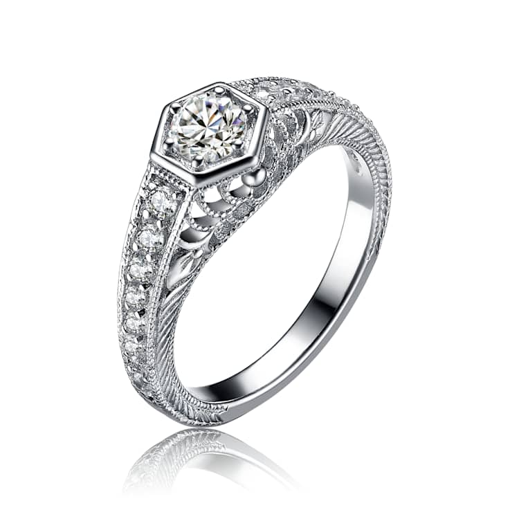 CZ Hexagonal Frame Solitaire Ring In Sterling Silver
