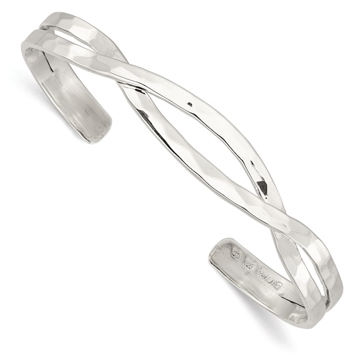 Sterling Silver Polished Hammered Criss Cross Cuff Bracelet