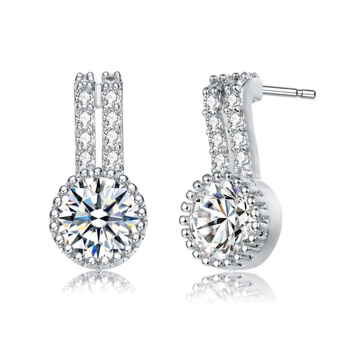 CZ Solitaire Milgrain Double Drop Earrings In White Rhodium Over Brass