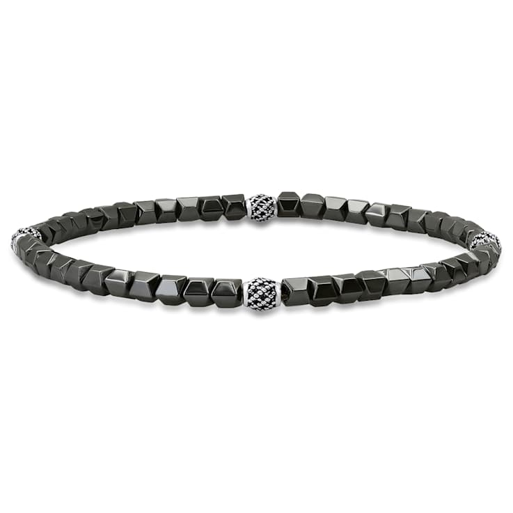 Gray Hematite Beaded Stretch Bracelet In Sterling Silver