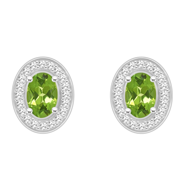 6x4mm Oval Peridot 1/5 ctw Diamond Rhodium Over Sterling Silver Halo
Stud Earrings