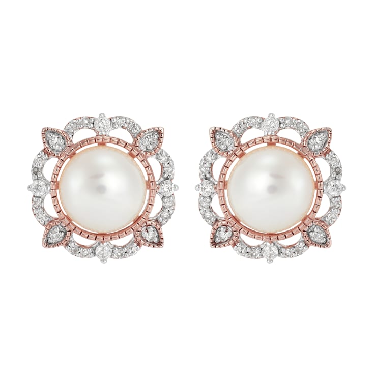 7mm Round White Freshwater Pearl and 0.18ctw Diamond 10K Rose Gold
Floral Stud Earrings