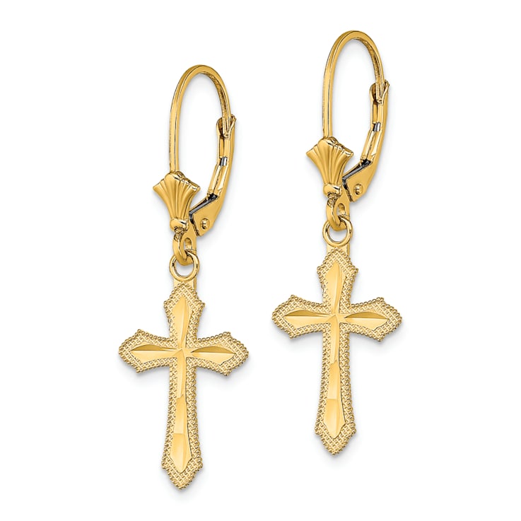 14k Yellow Gold Diamond-Cut and Textured Cross with Beaded Edge Dangle Earrings