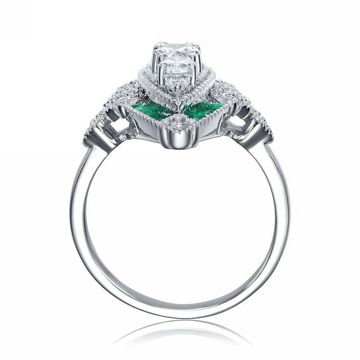 Green Cubic Zirconia, Rhodium Plated over Sterling Silver Ring