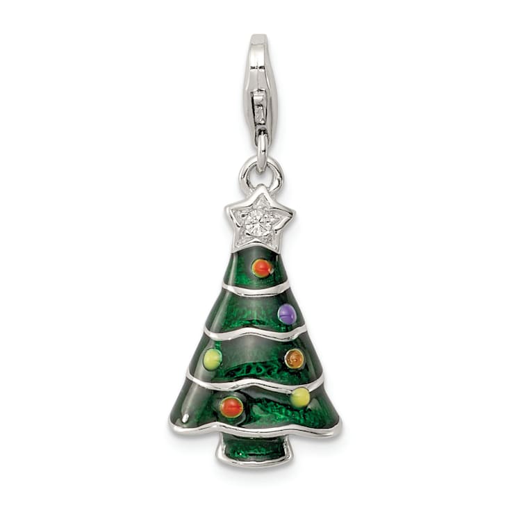 Rhodium Over Sterling Silver CZ and Enameled Christmas Tree Charm