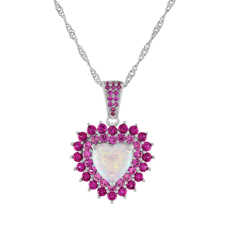 Sterling Silver Lab Created Opal, Ruby and Pink Sapphire Heart Pendant
With Chain 1.9ctw