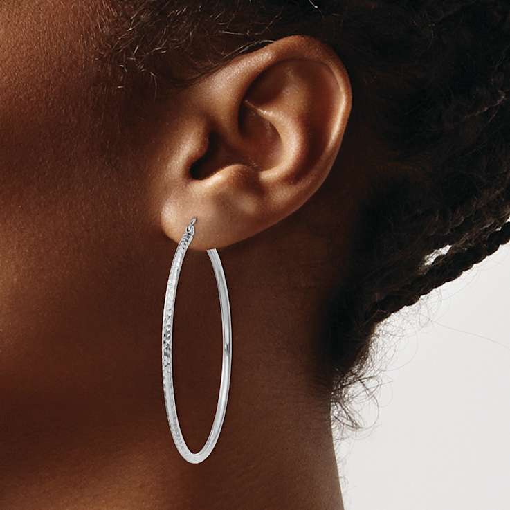 Rhodium Over 14k White Gold Diamond-Cut 1 15/16" Round Tube Hoop Earrings
