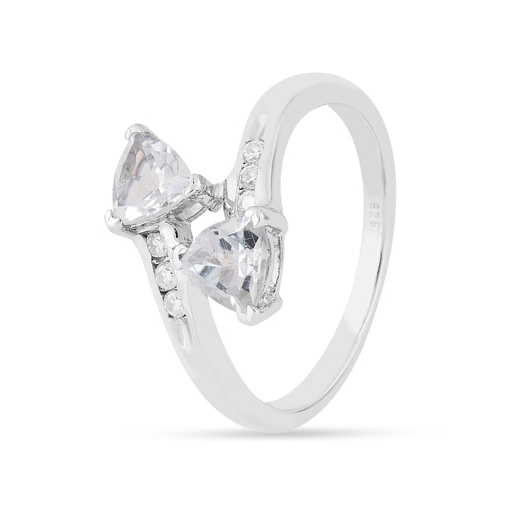 Trillion Aquamarine and White Topaz 2-Stone Rhodium Over Sterling Silver
Bypass Ring 1.22ctw