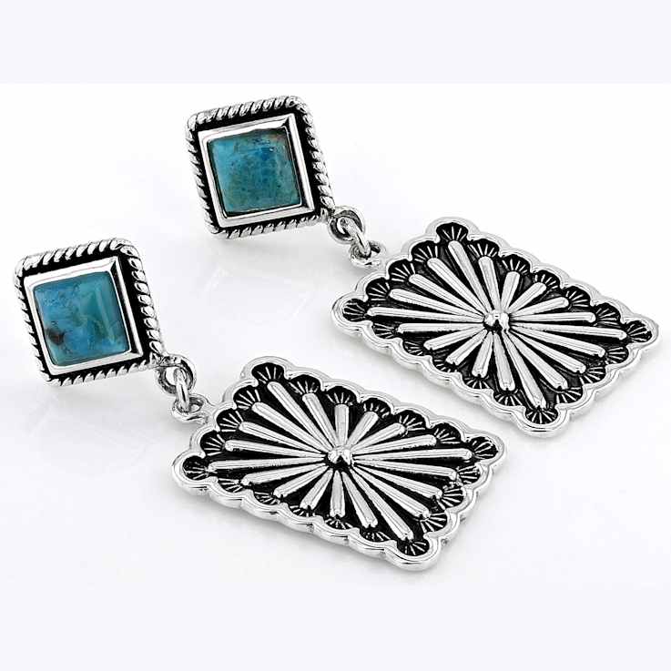 Blue Turquoise And Silver Deisgn Sterling Silver Dangle Earrings 5mm