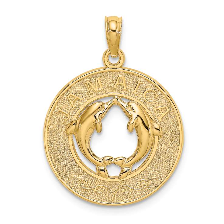 14k Yellow Gold Textured Jamaica with Dolphins Circle Charm