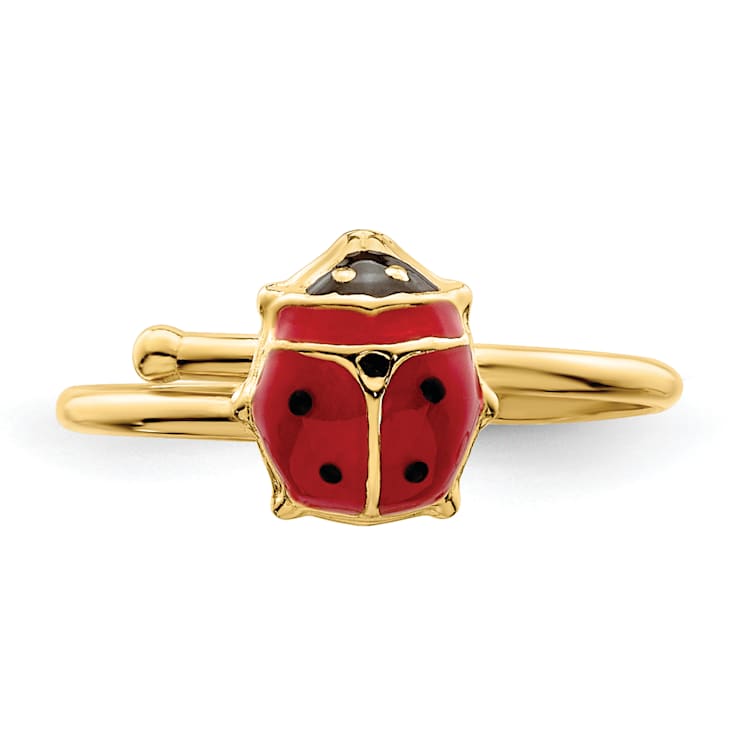 14K Yellow Gold Polished Enameled Ladybug Adjustable Ring