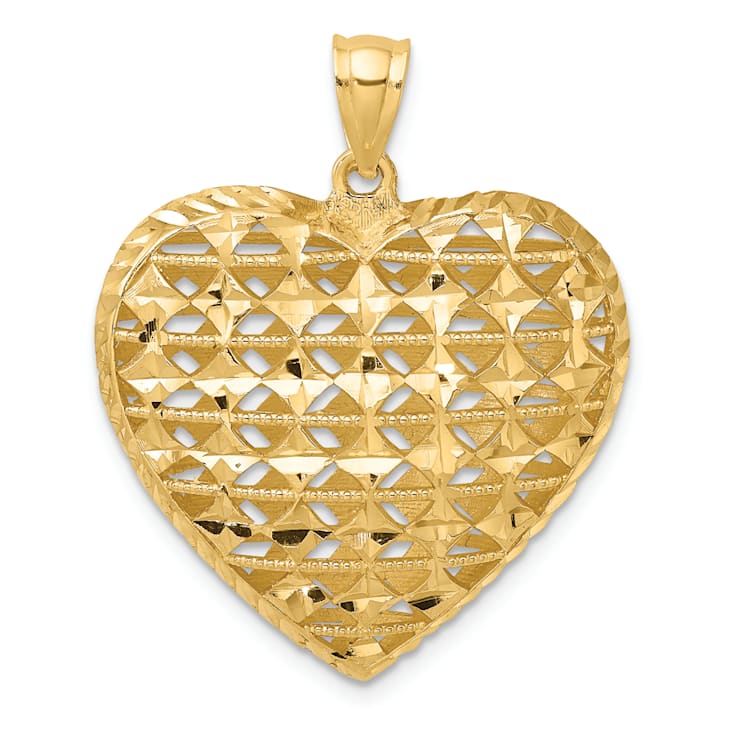 14k Yellow Gold 3D Cut-out Diamond-Cut Puffed Heart Pendant