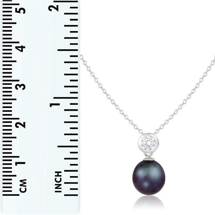 7-8mm Black Cultured Freshwater Pearl Sterling Silver Pendant W/Chain