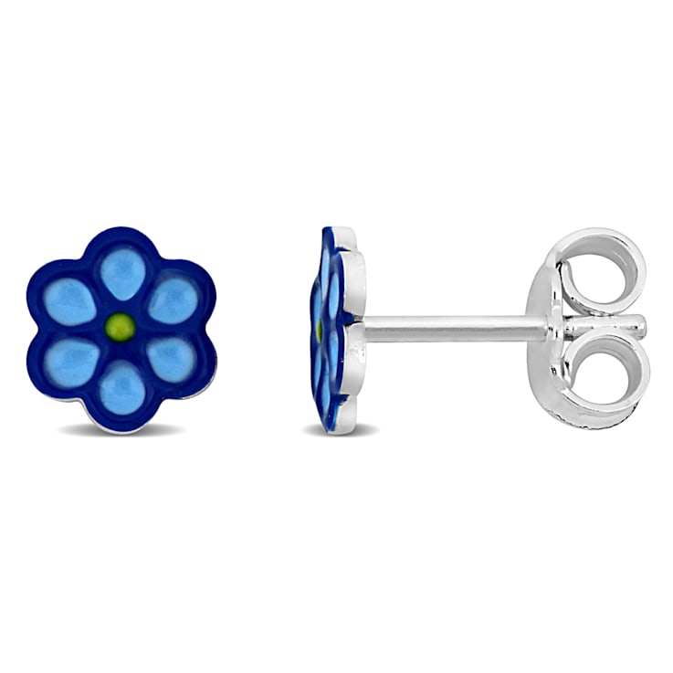 Children's Blue Enamel Flower Stud Earrings in Sterling Silver