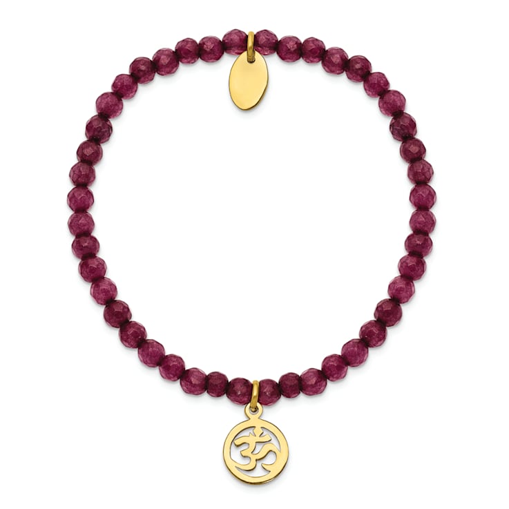 Yellow Stainless Steel Polished OM Purple Jade Stretch Bracelet