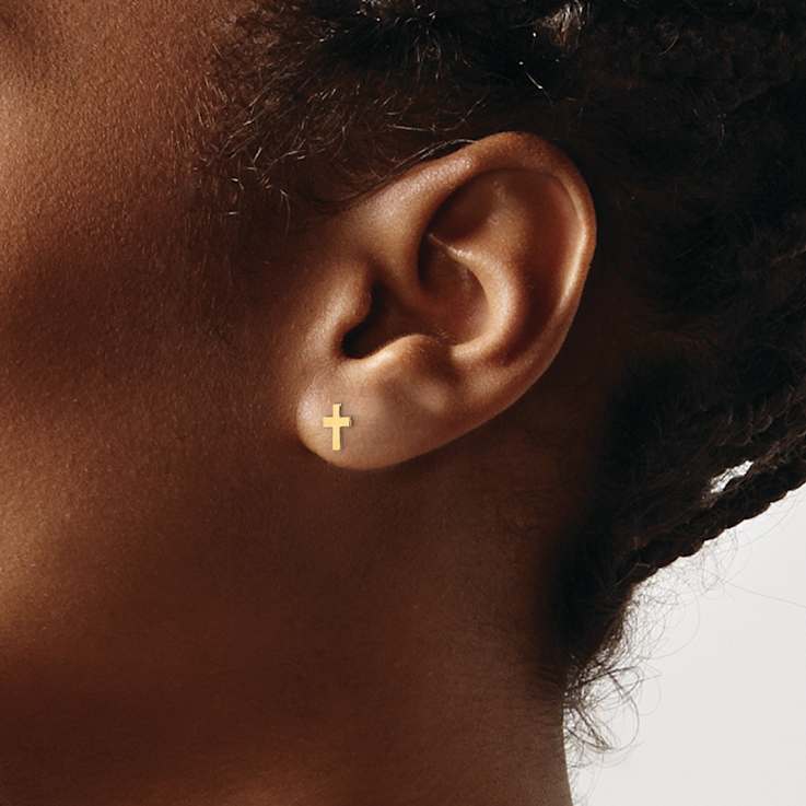 14k Yellow Gold Children's Polished Tiny Cross Stud Earrings