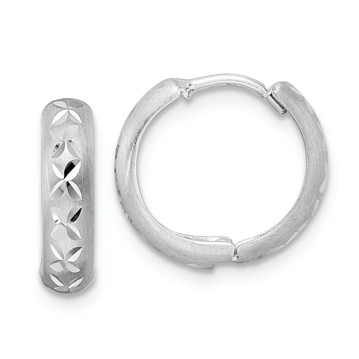 Rhodium Over 14k White Gold Diamond-Cut X Satin 1/2" Hinged Hoop Earrings