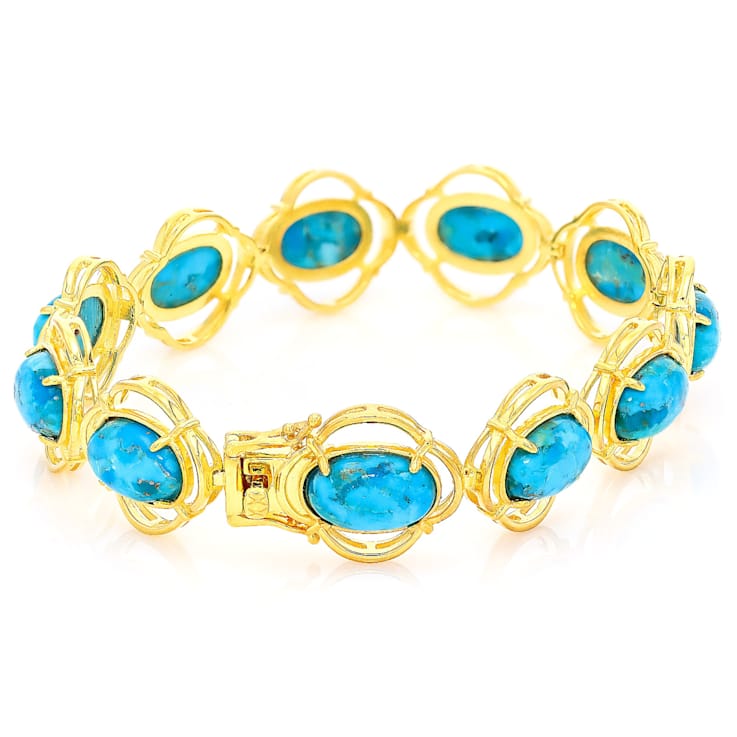 Turquoise Oval Station Bracelet In 18K Gold Over Sterling Silver 12x8mm