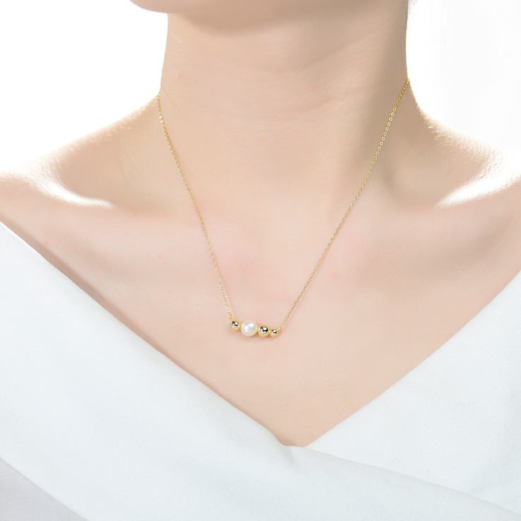 Freshwater Pearl And Gold Bead Bar Necklace In 14K Gold Over Sterling Silver