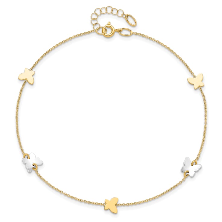 14K Two-tone Polished Butterfly with 1-inch Extension Anklet
