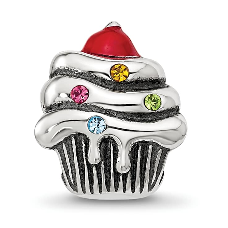 Sterling Silver Crystal and Enamel Red Cherry Cupcake Bead
