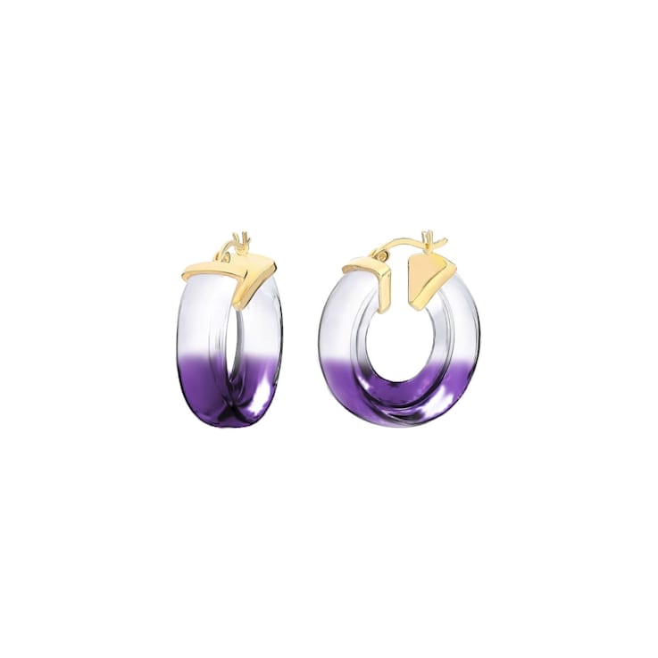 14K Yellow Gold Over Sterling Silver Painted Mini V Purple Acrylic Hoops
