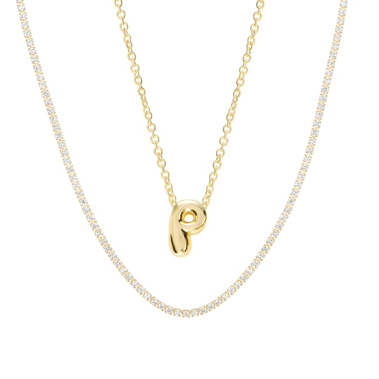 CZ Initial P Tennis Necklace And Pendant Set In 14K Gold Over Brass 4.05ctw