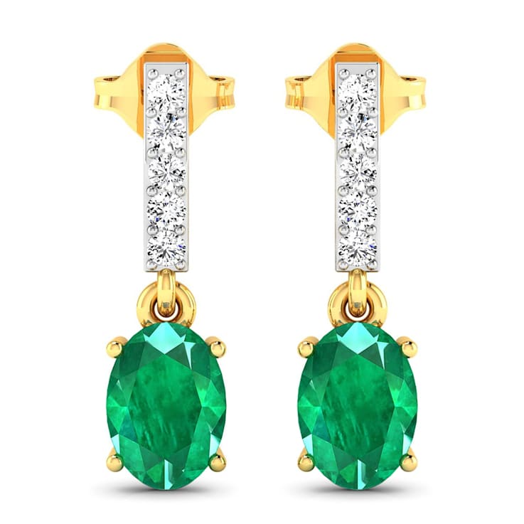 1.12ctw 14K Yellow Gold  Zambian Green Emerald and White Diamond Halo Earrings