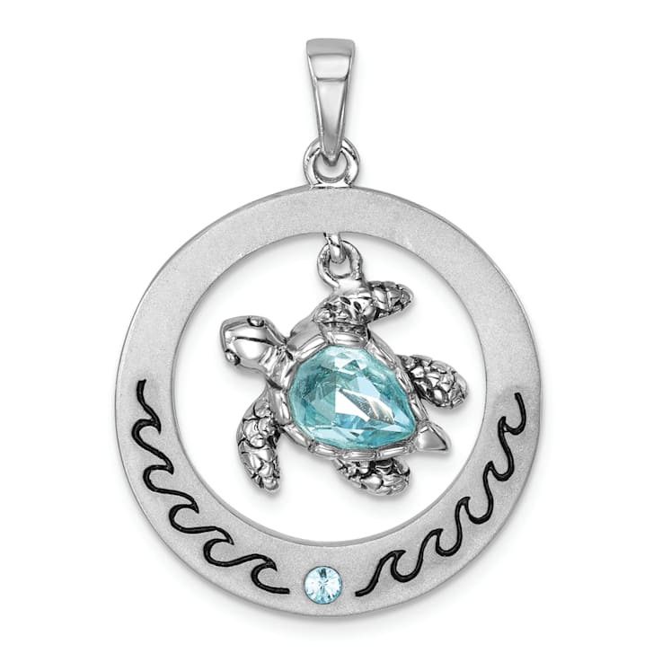 Rhodium Over Sterling Silver Round Moveable Crystal Turtle Pendant
