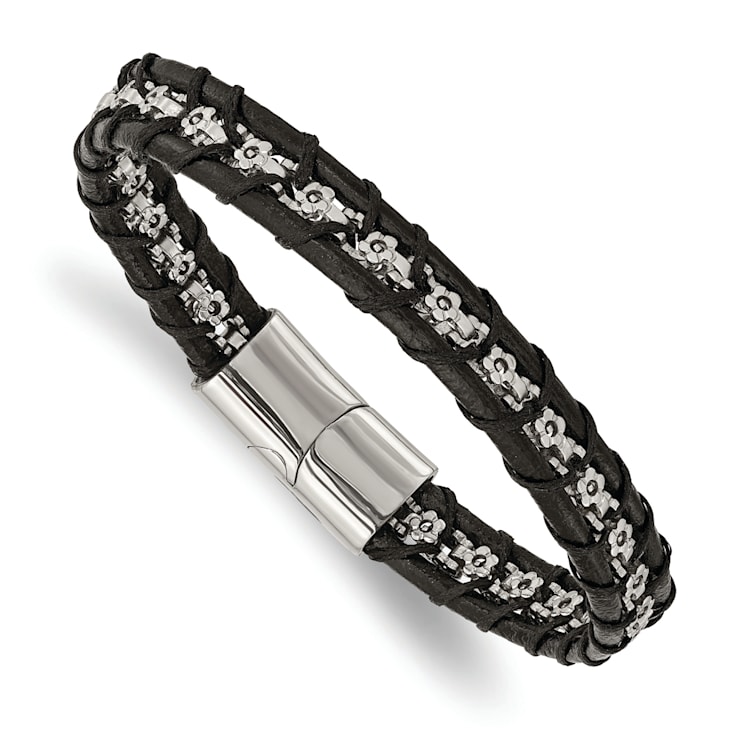 Black Leather and Stainless Steel Polished Flower Link 8.25-inch Bracelet