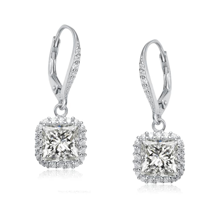 Square CZ Halo Drop Earrings In Sterling Silver
