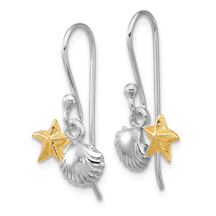 Rhodium Over Sterling Silver Two-tone Starfish and Shell Dangle Earrings