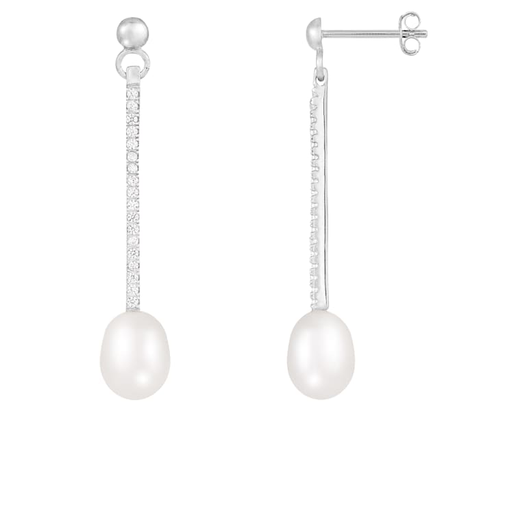 White Cultured Freshwater Pearl and Cubic Zirconia Rhodium Over Sterling
Silver 7-8mm Drop Earrings