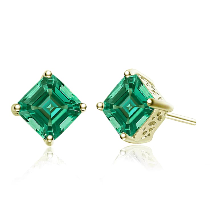 Emerald Color CZ Square Stud Earrings In 14K Gold Over Sterling Silver
