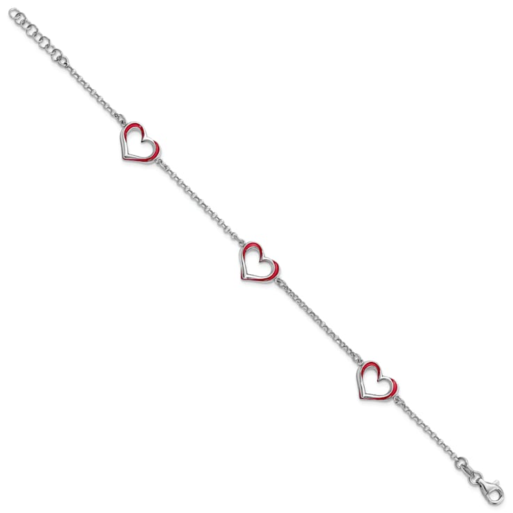 Sterling Silver Rhodium-plated Red Enamel 3-Heart with 0.5 Inch
Extension Bracelet