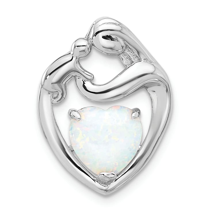 Rhodium Over Sterling Silver Lab Created Opal Mother and Child Heart
Slide Pendant