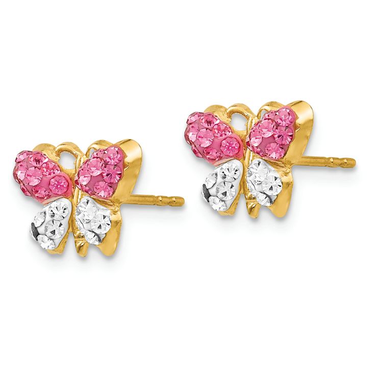 14k Yellow Gold Pink and White Crystal Butterfly Stud Earrings