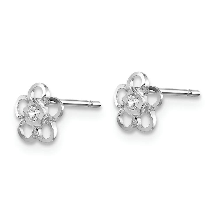 Rhodium Over 14k White Gold Children's Cubic Zirconia 5mm Flower Stud Earrings
