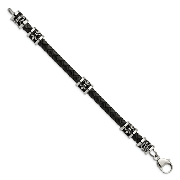 Stainless Steel Antiqued and Polished Fleur De Lis/Dragon Leather Bracelet