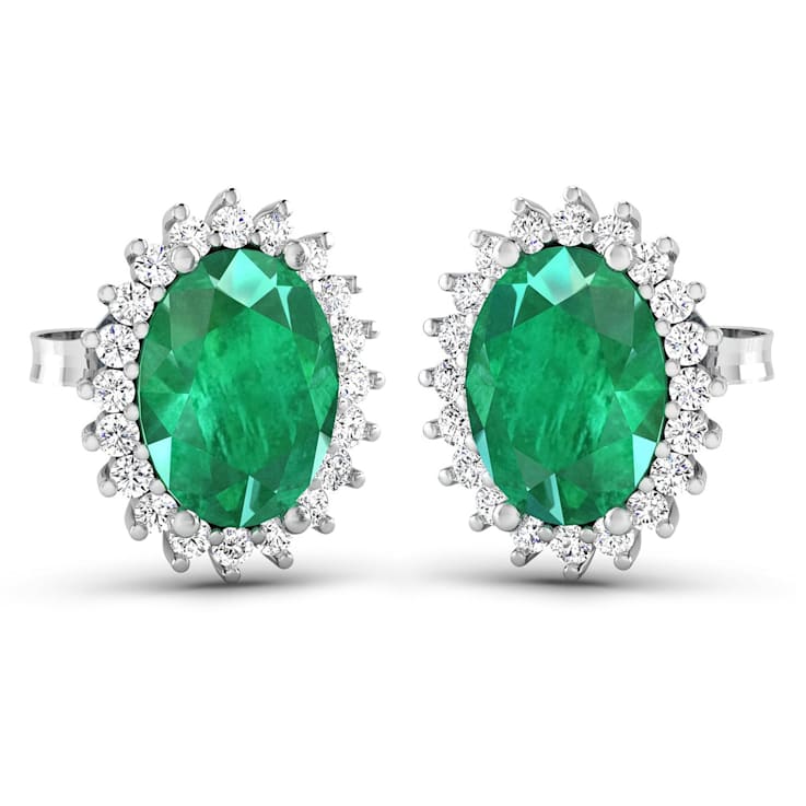 2.0ctw 14K White Gold  Zambian Green Emerald and White Diamond Halo Earrings