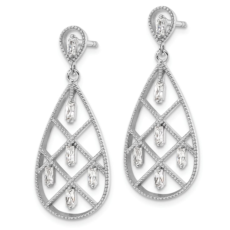 Rhodium Over Sterling Silver Textured Cubic Zirconia Teardrop Dangle Earrings