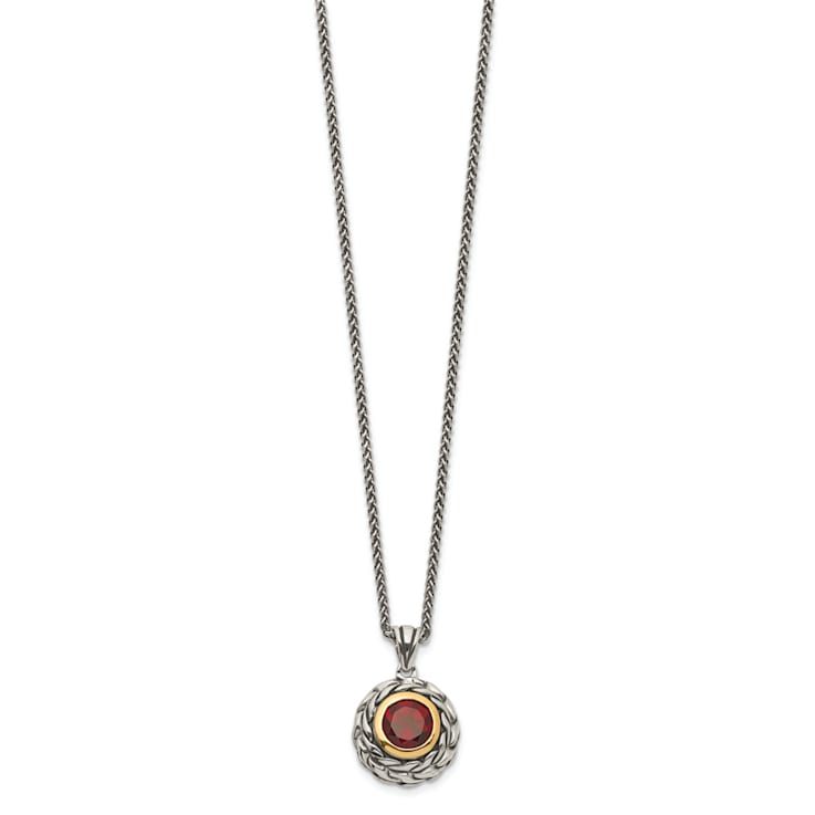 Sterling Silver Antiqued with 14K Accent Garnet Necklace