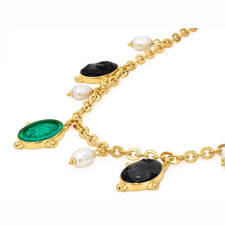 Venetian Glass Cameo And Pearl Charm Necklace In 18K Gold Over Sterling Silver