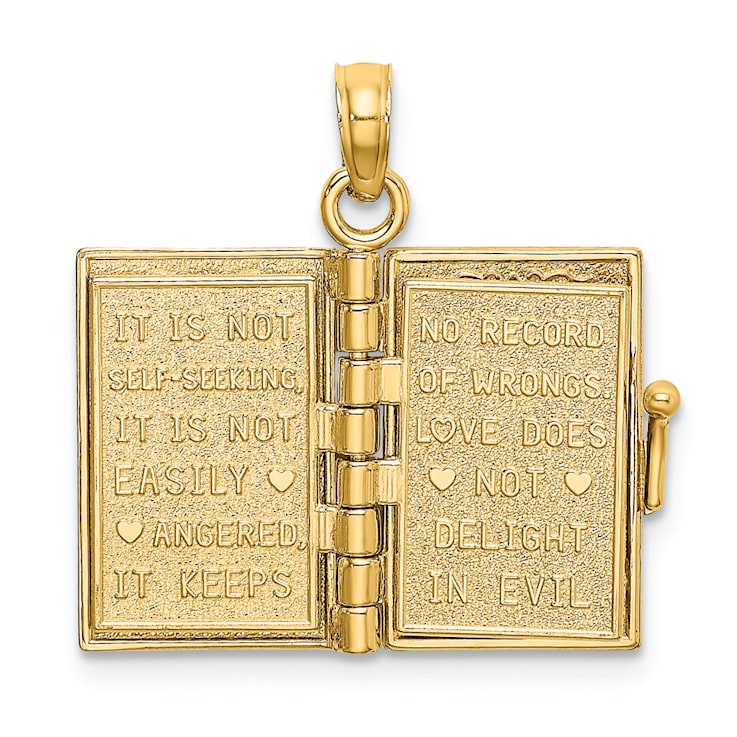 14k Yellow Gold 3D Moveable Brushed and Textured LOVE Book Pendant with
Enameled Flower