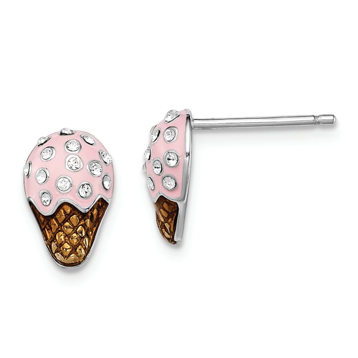 Rhodium Over Sterling Silver Enamel and Crystal Ice Cream Post Earrings