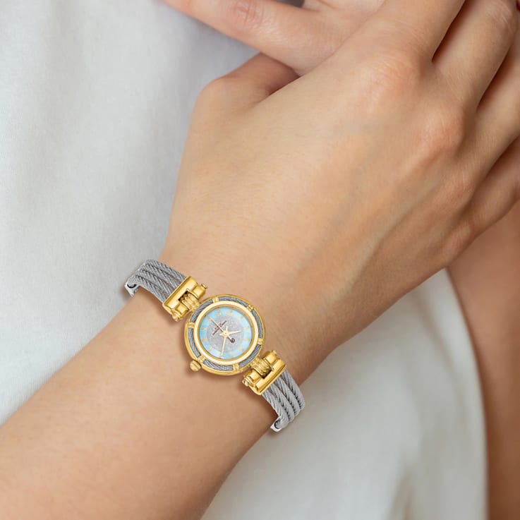 Charles Hubert IP-plated MOP Dial with Stainless Steel Wire Bangle Watch